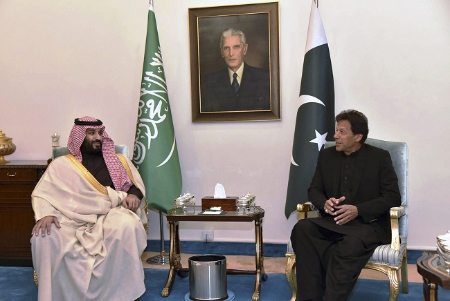 Saudi Arabia's Crown Prince Mohammed bin Salman (left) with Pakistani Prime Minister Imran Khan (right) during their meeting in Islamabad, Pakistan on Sunday, February 17, 2019. Mohammed bin Salman signed deals to invest $20 billion in Pakistan to help the nation overcome its acute financial crisis. (Photo: AP/PTI)