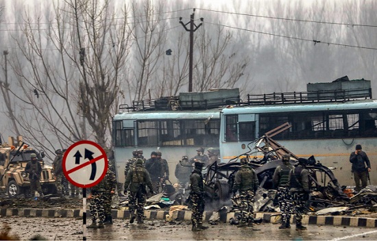 Security personnel carrying out the rescue and relief work at the site of suicide bomb attack at Awantipora in Pulwama, South Kashmir. 42 CRPF jawans have been martyred and several others have been grievously injured in this attack on CRPF convoy on February 14, 2019. (Photo: PTI)