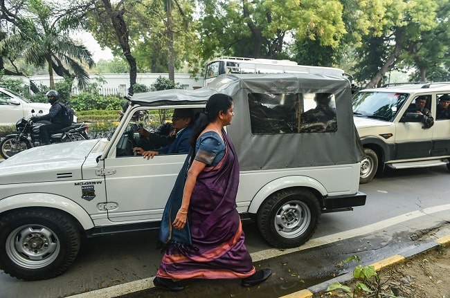 Defence Minister Nirmala Sitharaman arrives to attend a meeting of the Cabinet Committee on Security (CCS) after the Pulwama terrorist attack. (Photo: PTI)