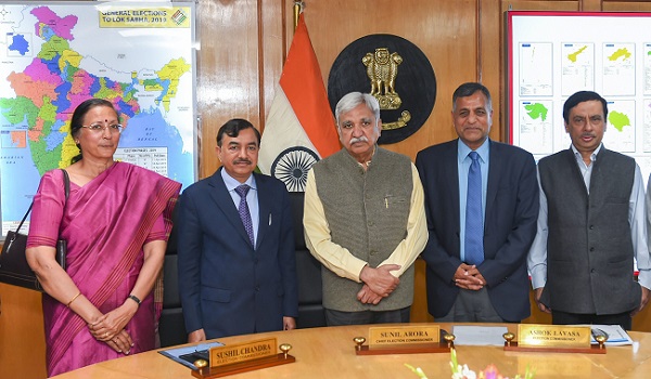 Chief Election Commissioner Sunil Arora, Election Commissioners Ashok Lavasa and Sushil Chandra during their meeting with former Civil Servants Shailendra Handa and Madhu Mahajan, who have been appointed as Special Expenditure Observers for Maharashtra and Tamil Nadu states for the upcoming Lok Sabha Elections in India. (Photo: PTI)