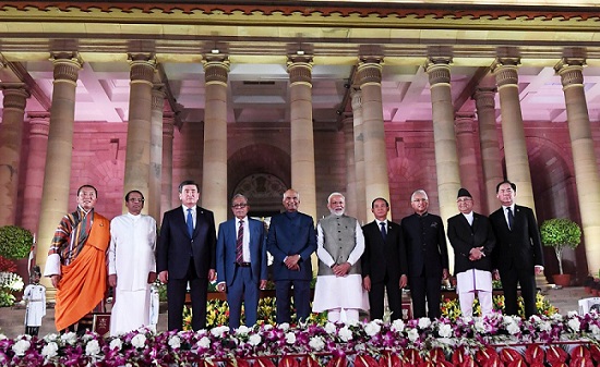 Indian President Ram Nath Kovind and Prime Minister Narendra Modi with the leaders of BIMSTEC member nations after the swearing-in ceremony at Rashtrapati Bhavan in New Delhi on May 30, 2019. BIMSTEC stands for the Bay of Bengal Initiative for Multi-sectoral Technical and Economic Cooperation. Its members include Bangladesh, Myanmar, Sri Lanka, Thailand, Nepal, Bhutan and India.