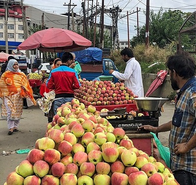 Apple vendors selling the fruit in Srinagar on Saturday, August 17 , 2019. (Photo: PTI)