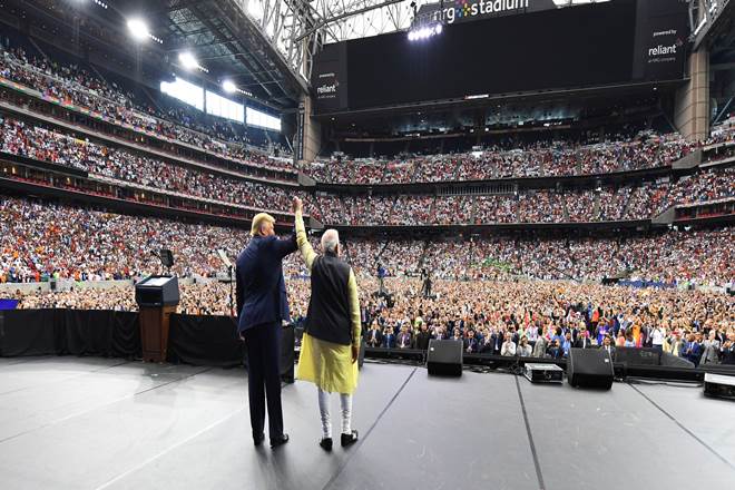 Indian Prime Minister Narendra Modi (right) and US President Donald Trump (left) on stage for the Howdy Modi event at NRG Stadium in Houston, Texas.