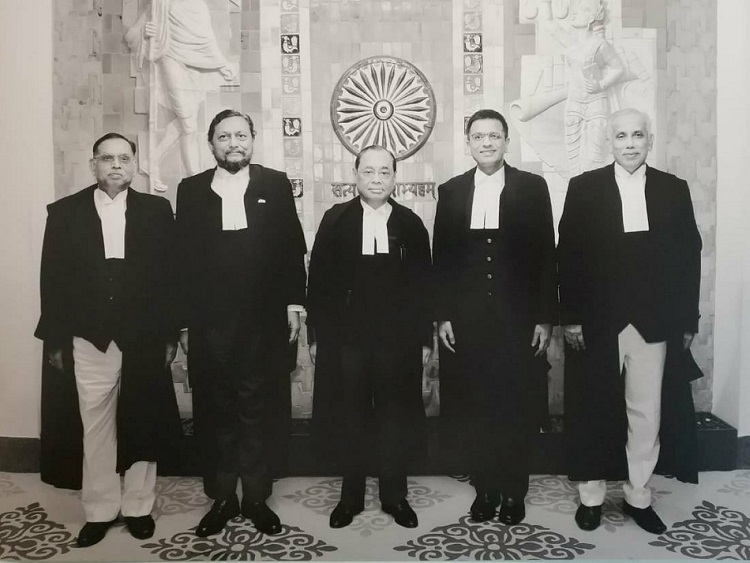 The five Supreme Court Judges who delivered the Unanimous Judgement on Ayodhya. Standing from Left to Right -- Justice Ashok Bhushan, Justice SA Bobde, Chief Justice of India Ranjan Gogoi, Justice DY Chandrachud and Justice S Abdul Nazeer.