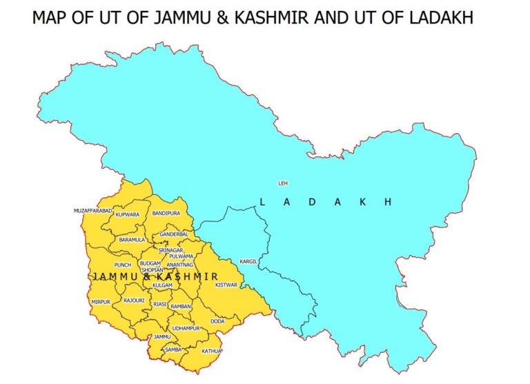 The official map of union territories Ladakh and Jammu & Kashmir released by the Government of India.