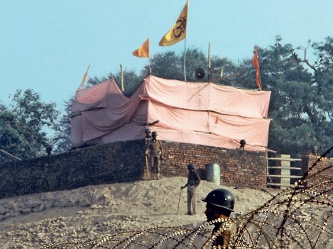 The makeshift Ram Janmabhoomi Temple at Ayodhya. This Ram Temple was hurriedly built at the Ram Janmabhoomi site on 6th December, 1992.