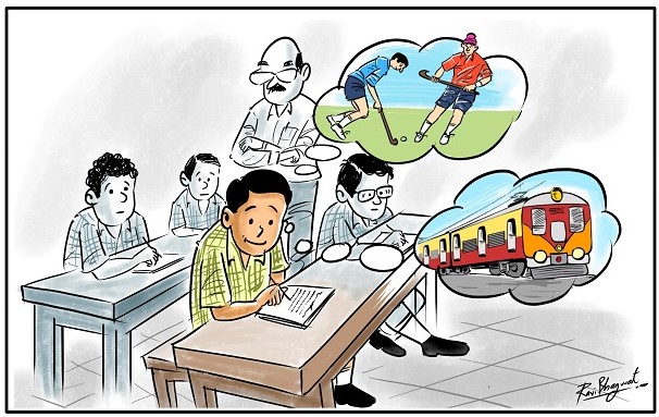 Student's dilemma in exam hall after he prepared an essay on Hockey Match but examiner asked to write the essay on Train. (illustration: Ravi Bhagwat/News Intervention)