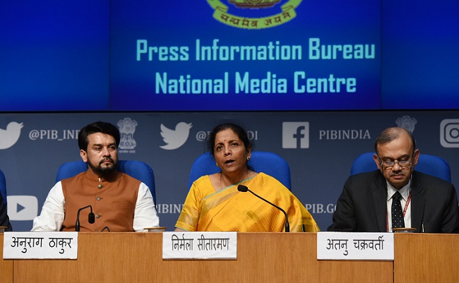 Finance Minister Nirmala Sitharaman (centre), Minister of State for Finance Anurag Thakur (left) and Secretary, Department of Economic Affairs Atanu Chakraborty (right) at the post Budget Press Conference in New Delhi on February 1, 2020. (Photo: PIB)