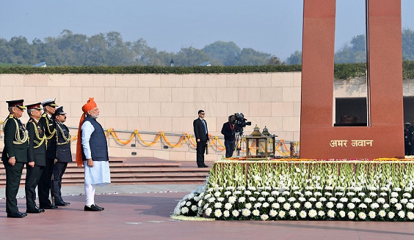 Indian Prime Minister Narendra Modi paying tributes to martyrs at the National War Memorial on occasion of 71st Republic Day Parade in New Delhi on January 26, 2020. (Photo: PMO)