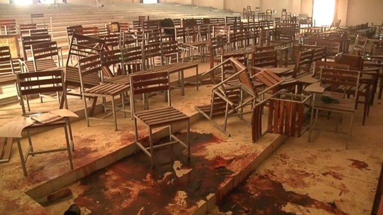 Blood stains across the classroom at Army Public School, Peshawar. On 16th December 2014, six terrorists of the Tehreek-e-Taliban Pakistan (TTP) had attacked this school and killed 150 people of which 135 were school children.