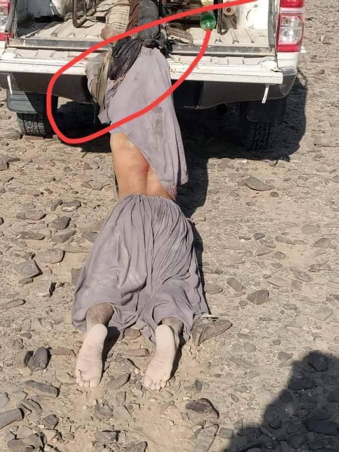 Major Noora's body being dragged by Pakistani vehicle in occupied Balochistan. A soldier of the Balochistan Liberation Front (BLF), Major Noora was martyred while fighting with Pakistan Army.