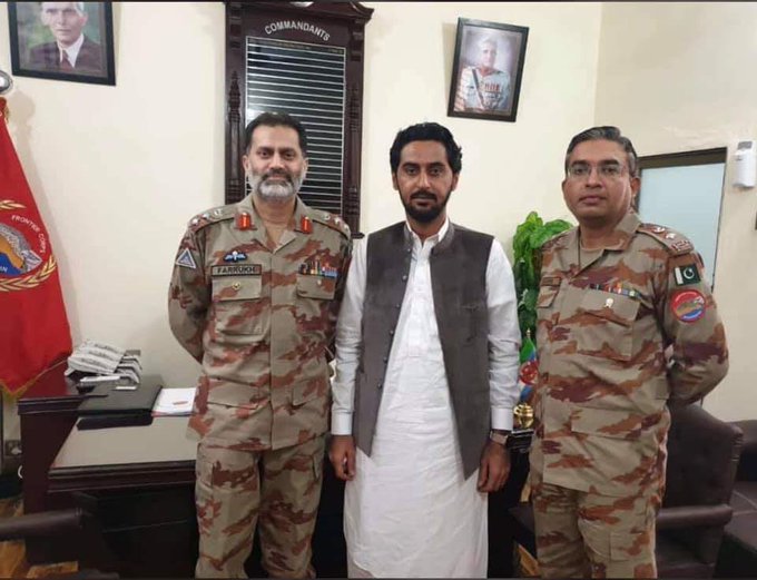 Sameer Safzal, Death Squad commander with Pakistan Army officers. This Death Squad is responsible for killing Malik Naz and seriously injuring her 4-year old daughter Bramsh. 