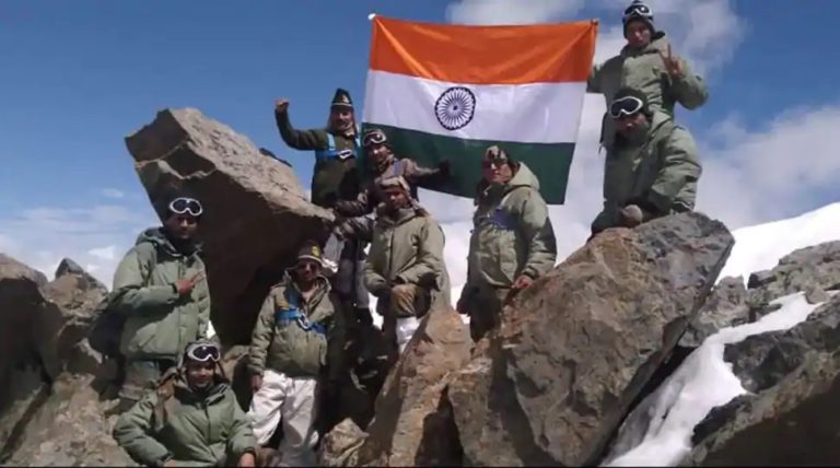 Victorious Indian soldiers during the Kargil War 1999.