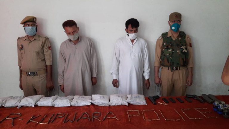 Lashkar terrorists with the cache of drugs, arms and ammunition in Kupwara. (Photo: News Intervention)