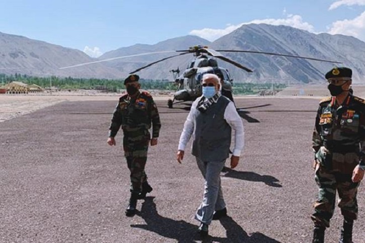 PM Narendra Modi accompanied by Chief of Defence Staff General Bipin Rawat and Army Chief MM Naravane during his visit to Ladakh on July 3.