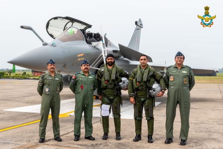 Air Chief Marshal RKS Bhadauria, Western Air Commander Air Marshal B Suresh along with the pilots of Rafale fighter jets at Air Force Station Ambala on Wednesday. (Photo: IAF)