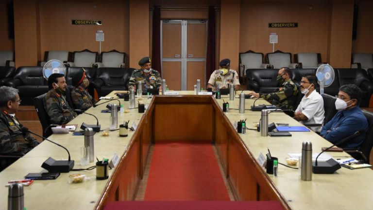 Lt Gen BS Raju, GOC Chinar Corps and Dilbag Singh Director General of Police Jammu & Kashmir at the Core Group meeting in Srinagar on Monday to review the security situation. (Photo: News Intervention)