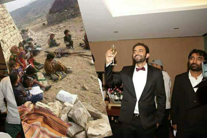 (Left) Baloch people mourning the death of people killed by Pakistan Army. (Right) Brahmadagh Bugti enjoying a lavish life in Europe. (Photo: News Intervention)