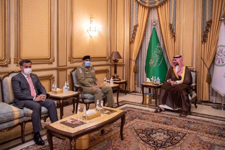 Pakistan's Army Chief Gen. Qamar Javed Bajwa (middle) with Khalid bin Salman (right), Deputy Defence Minister Saudi Arabia during a meeting in Riyadh on August 18. Despite requests Saudi Crown Prince Mohammed bin Salman refused to meet Gen. Bajwa and he had to return back to Rawalpindi.