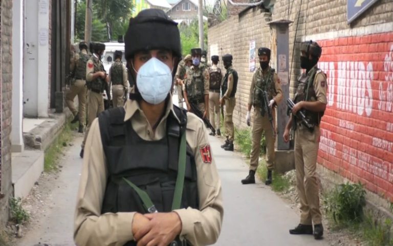 J&K Police personnel at the terrorist strike site in Nowgam, Srinagar on Friday. (Photo: News Intervention)