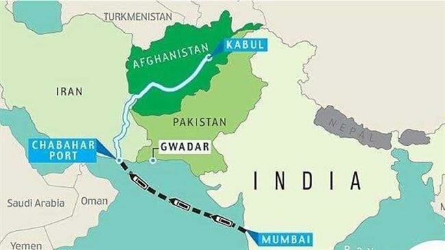 Map showing the sea route from Iran's Chabahar to Mumbai in India.