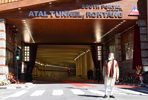 Prime Minister Narendra Modi during the inauguration of Atal Tunnel in Manali, Himachal Pradesh on October 3, 2020. Atal Tunnel is the world's longest Highway tunnel. (Photo: PIB)