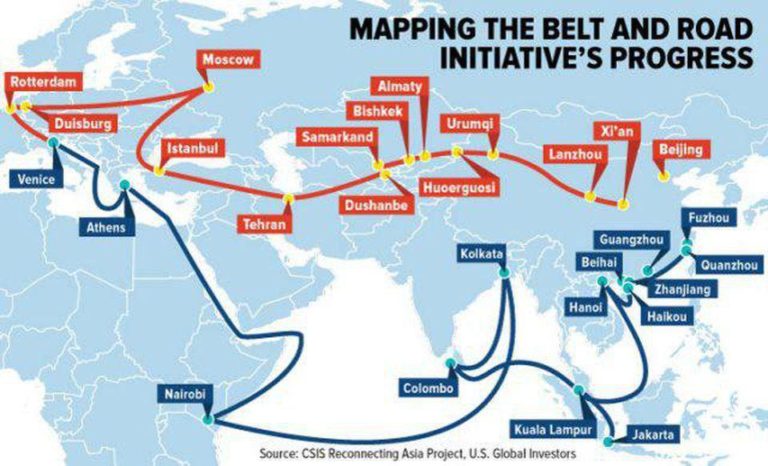 Map depicting the extent of OBOR (One Belt One Road) initiative.