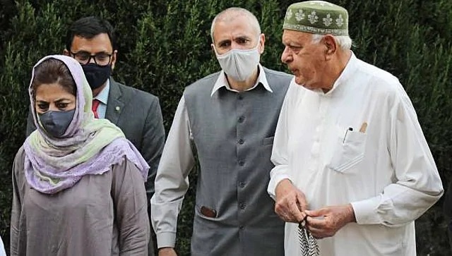 From left: PDP's Mehbooba Mufti, Omar Abdullah (former J&K chief minister) and Farooq Abdullah, president National Conference. (Photo: PTI)