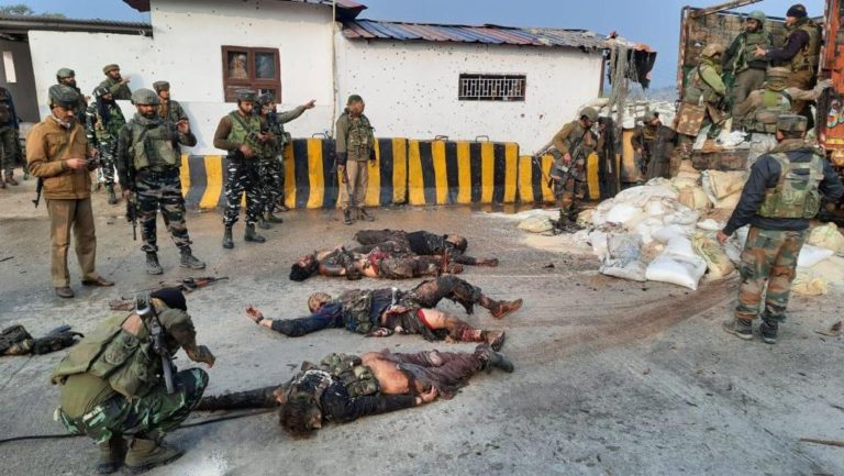 Jaish terrorists after being shot down by the Indian security forces at Nagrota, Jammu & Kashmir on Thursday. (Photo: News Intervention)