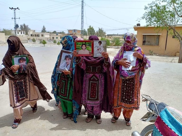 Families of Baloch 'missing persons' protesting outside the Commissioner's office in Panjgur, occupied Balochistan.