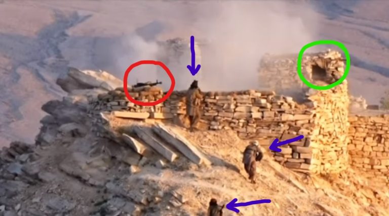 Video grab showing BLA freedom fighters (indicated by purple arrows) attacking Pakistan Army's Kotri post in broad daylight despite the presence of Pakistani heavy machine gun (encircled in red) and light machine gun (encircled in green).