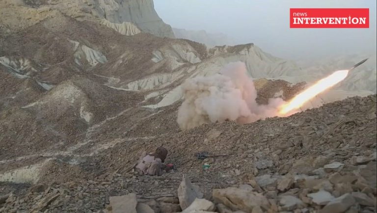 Balochistan Liberation Front (BLF) sarmachaars (freedom fighters) firing BM-12 rockets at the under-construction Gwadar International Airport on Friday. (Photo: News Intervention)