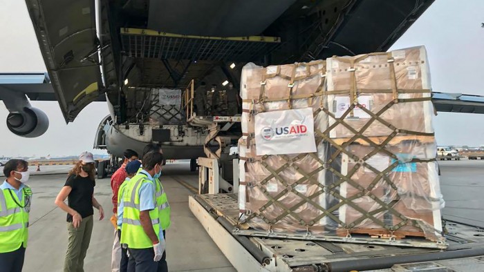 Covid supplies like the oxygen generating plant, rapid testing kits and other medical supplies arrive from USA, in New Delhi. (Photo: PTI)