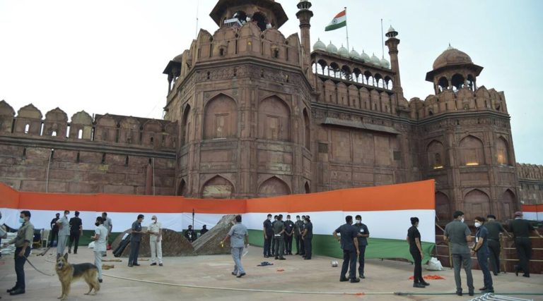 Security check at Red Fort ahead of India's Independence Day celebrations on August 15, 2021 (Photo: PTI)