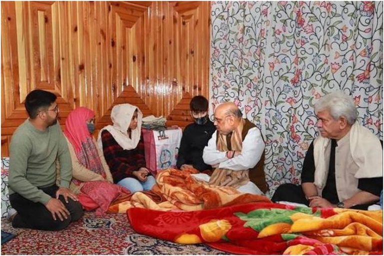 Home Minister Amit Shah visited martyr Parvaiz Ahmad's home at Nowgam, Anantnag on October 23, 2021. Parvaiz Ahmad, an inspector in the Jammu and Kashmir Police, was killed by terrorists in June this year.