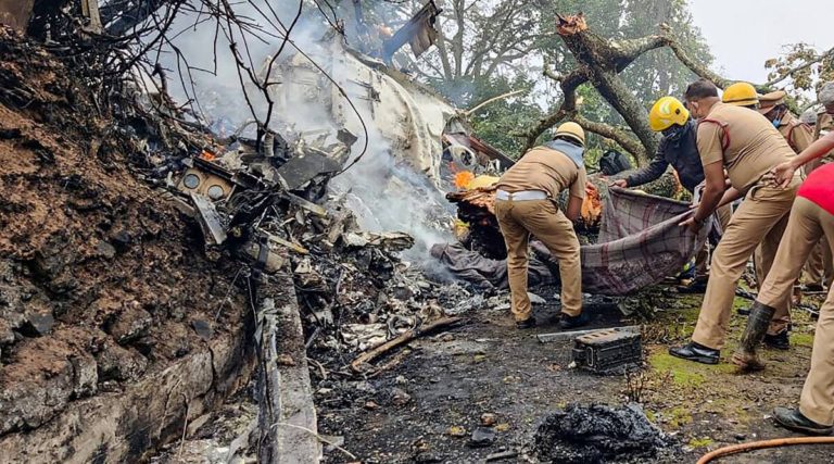 The crashed remains of IAF Mi-17 V-5 helicopter at Coonoor, in Tamil Nadu. CDS Gen Bipin Rawat, his wife Madhulika Rawat and 11 other Indian soldiers died in this crash. (Photo: PTI)