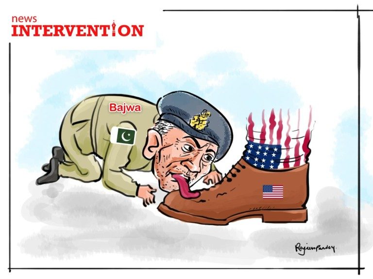 Pak Army chief Gen Qamar Javed Bajwa is subservient to the US. (Cartoon: News Intervention)