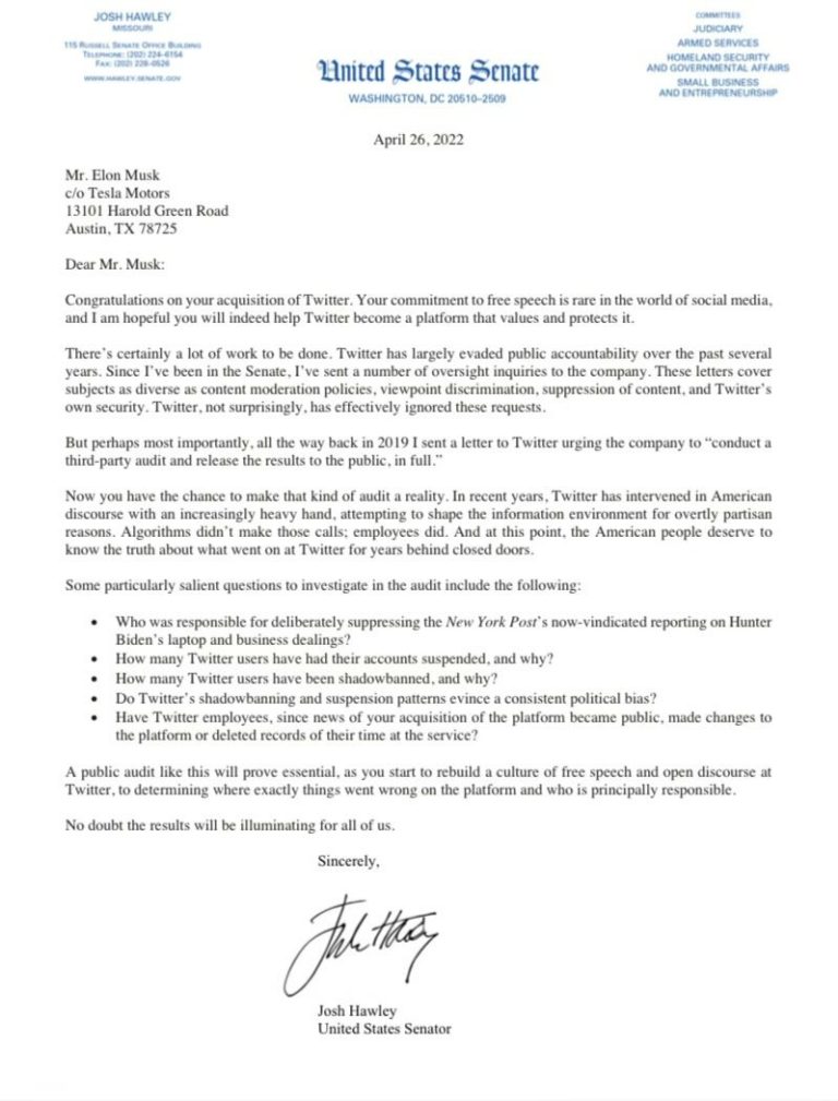 U.S. Senator Josh Hawley's letter to Elon Musk (Photo: Social Media)