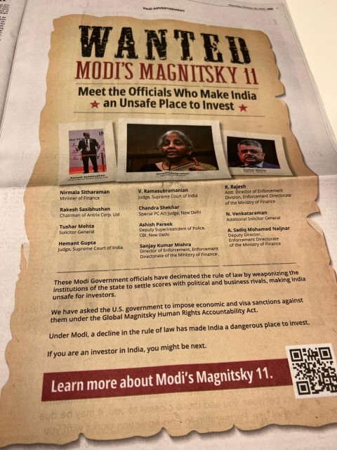 Advertisements like ‘Modi’s Magnitsky 11’ is cheap ploy to derail rising India