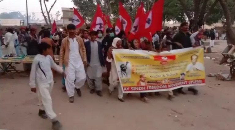 Sindhis protest against indiscriminate firing by Pakistani forces during peaceful celebration of Sain G.M. Syed's birthday at Sann.